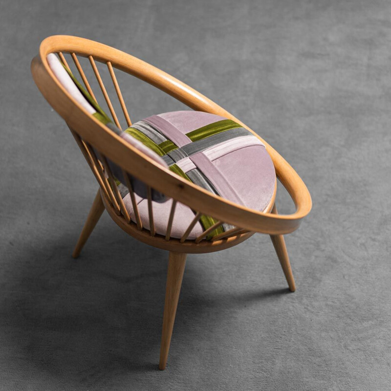 Vintage circular wooden armchair with cushion, 1960s