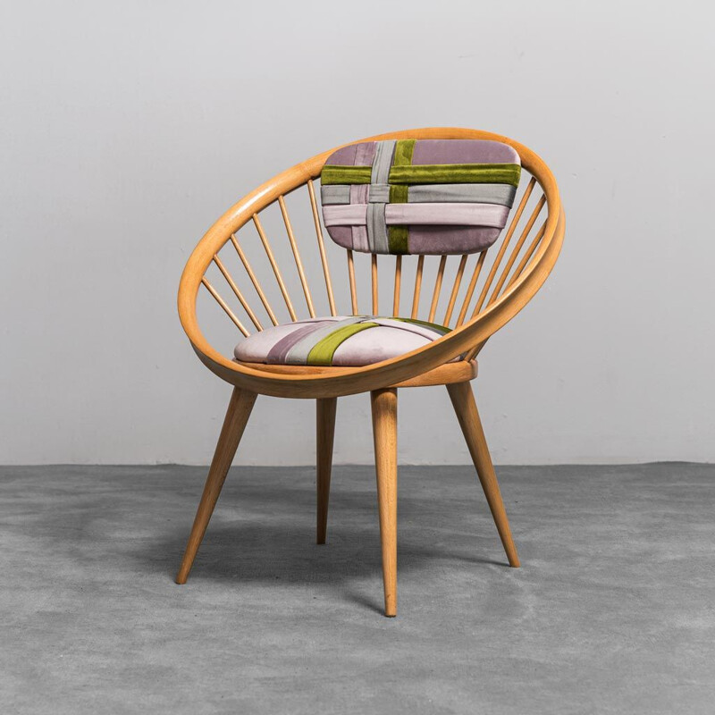 Vintage circular wooden armchair with cushion, 1960s