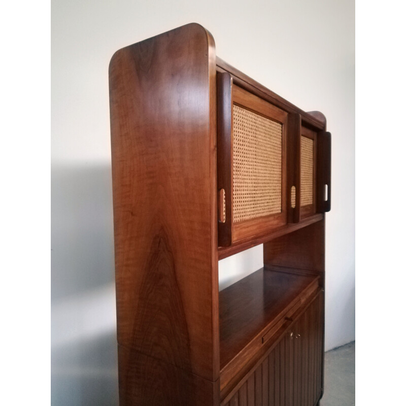 Aparador vienés vintage de paja y madera, 1950