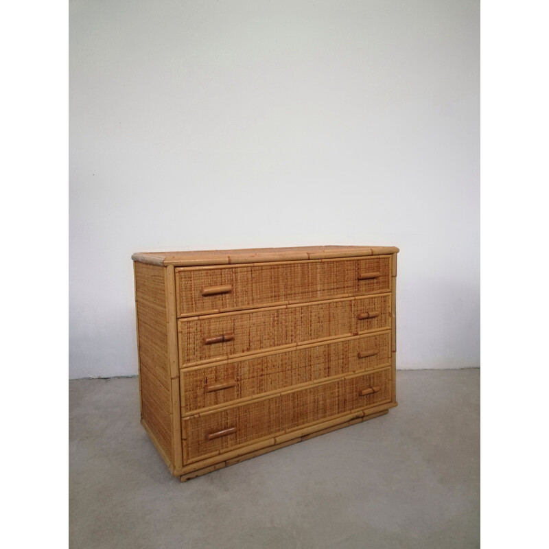 Vintage rattan and bamboo chest of drawers, Italy 1970s