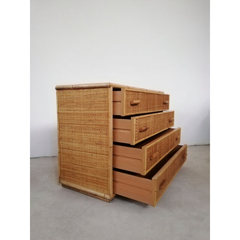 Vintage rattan and bamboo chest of drawers, Italy 1970s