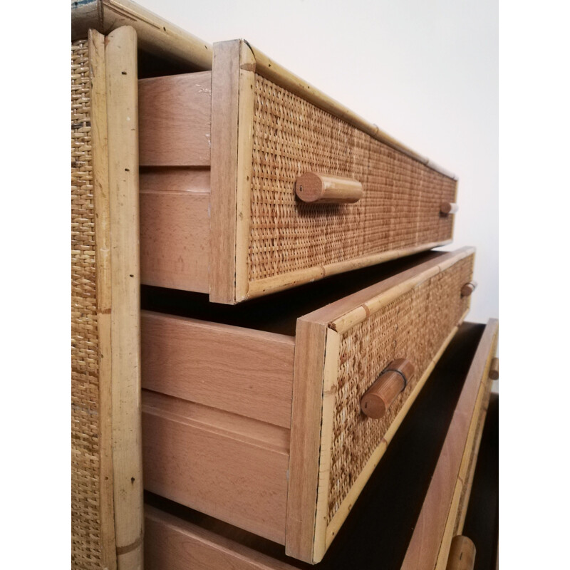 Vintage rattan and bamboo chest of drawers, Italy 1970s