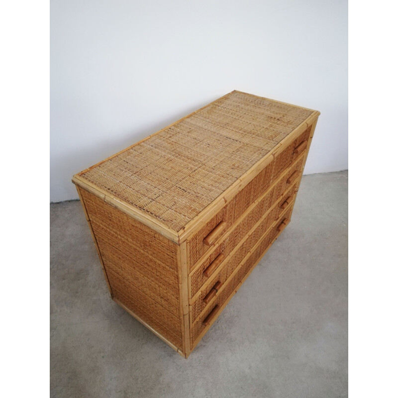 Vintage rattan and bamboo chest of drawers, Italy 1970s