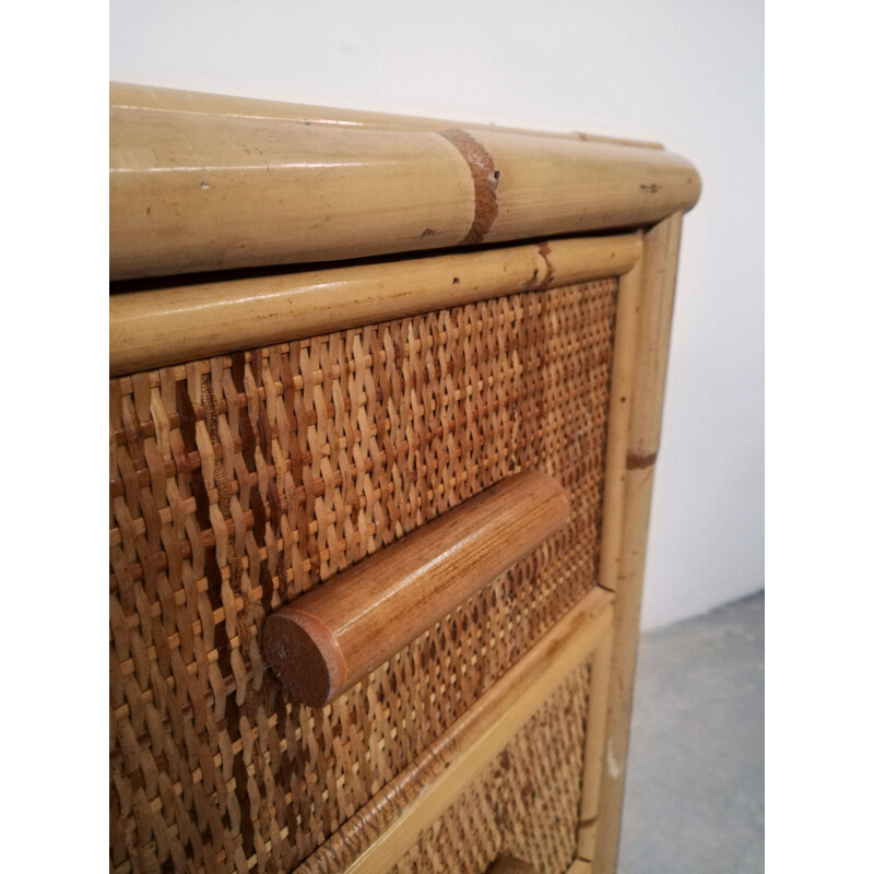 Vintage rattan and bamboo chest of drawers, Italy 1970s