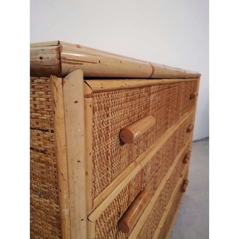 Vintage rattan and bamboo chest of drawers, Italy 1970s