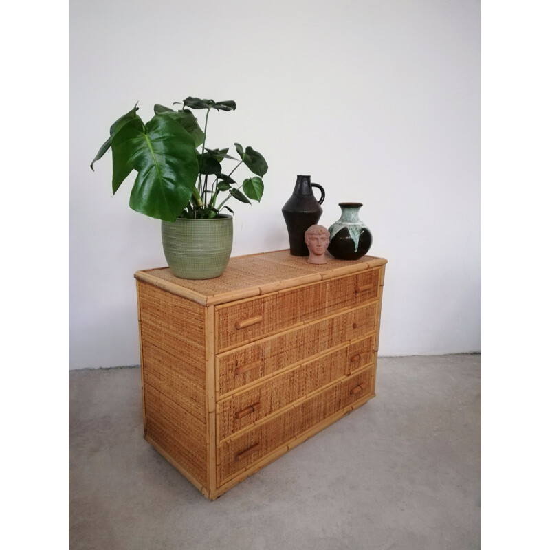 Vintage rattan and bamboo chest of drawers, Italy 1970s