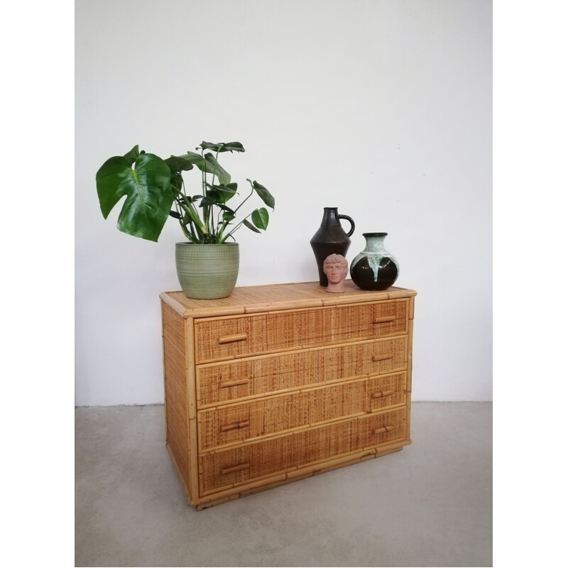 Vintage rattan and bamboo chest of drawers, Italy 1970s