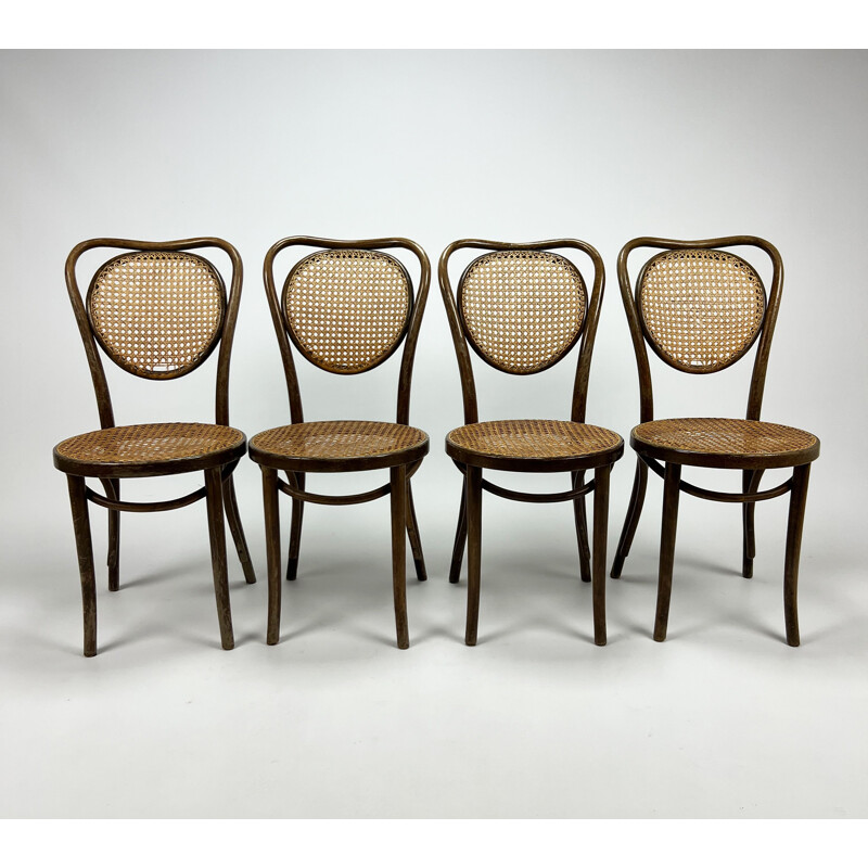 Ensemble de 4 chaises vintage en bois courbé et cannage, 1960