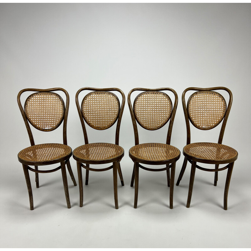 Ensemble de 4 chaises vintage en bois courbé et cannage, 1960