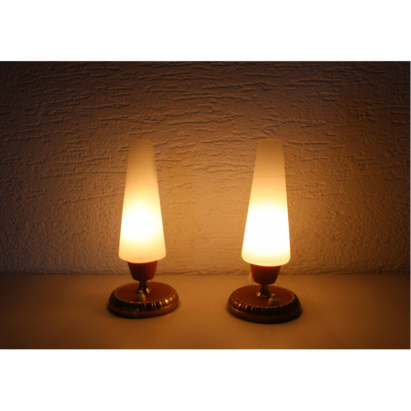 Pair of vintage brass and glass bedside lamps