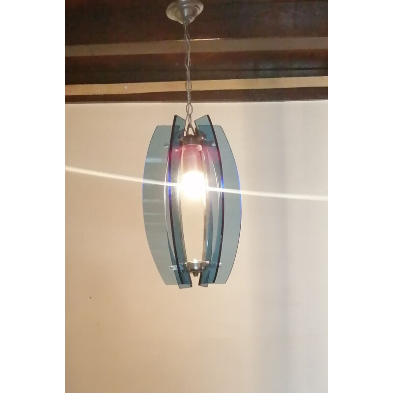 Blue glass and silver plated metal pendant lamp by Fontana Arte, Italy 1960