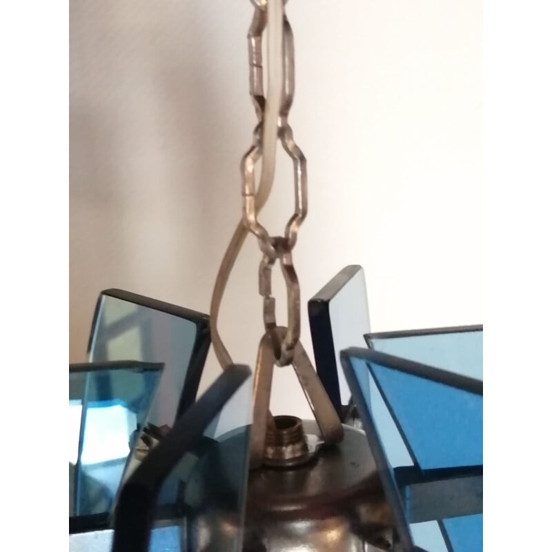 Lámpara colgante de cristal azul y metal plateado de Fontana Arte, Italia 1960