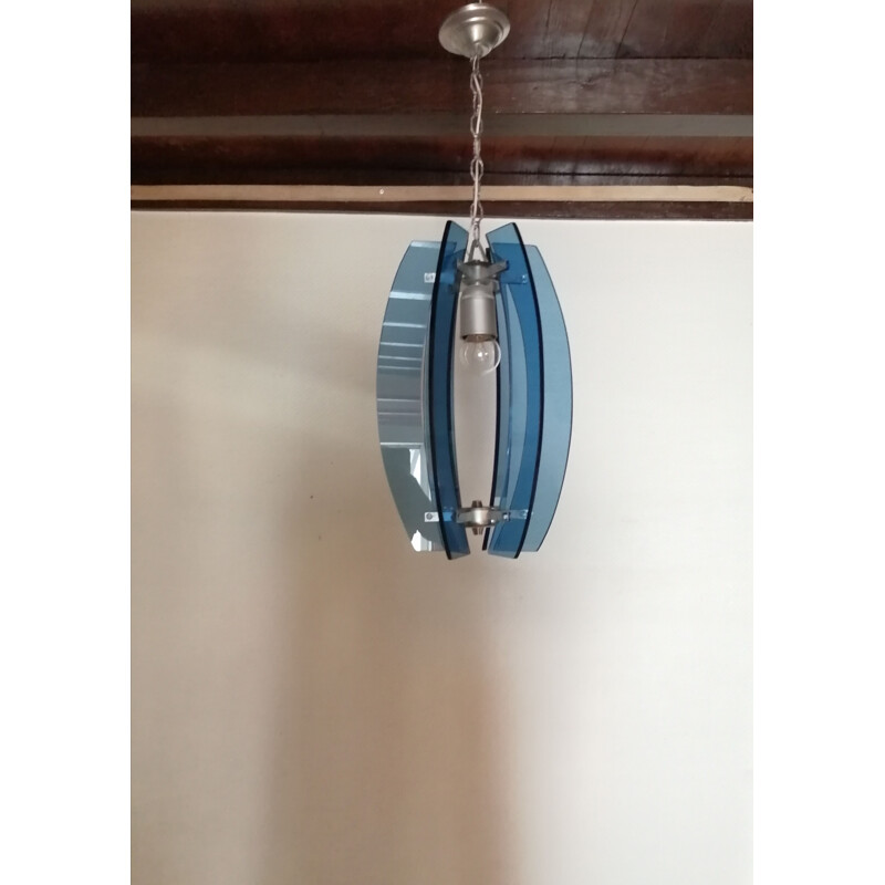 Blue glass and silver plated metal pendant lamp by Fontana Arte, Italy 1960