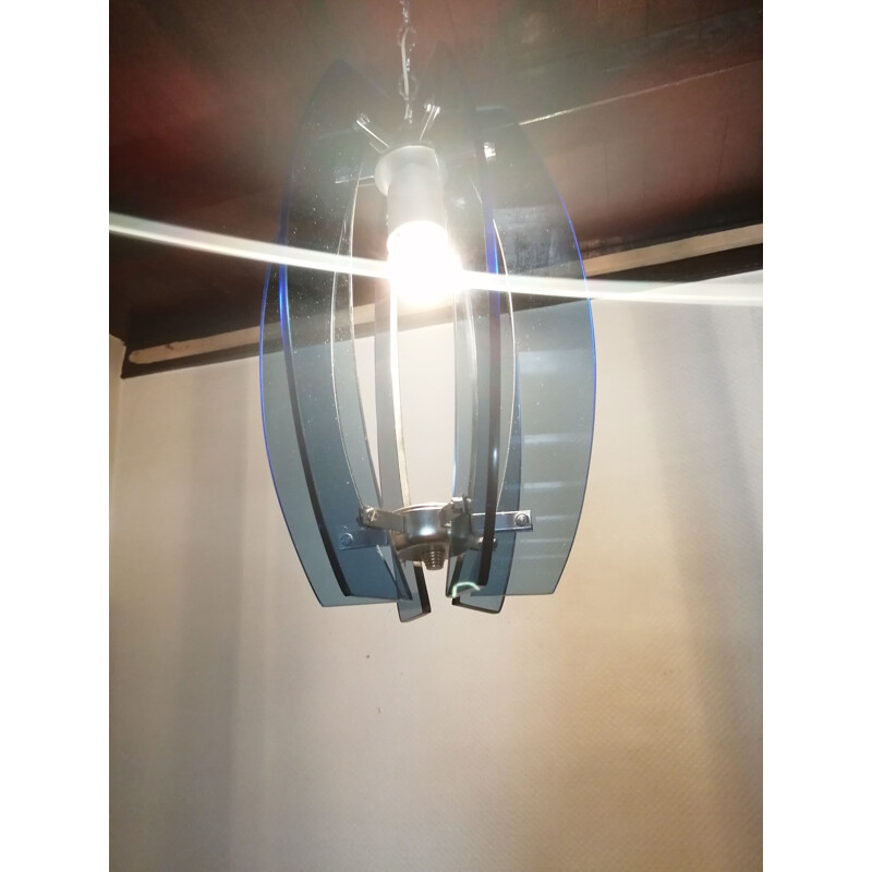Blue glass and silver plated metal pendant lamp by Fontana Arte, Italy 1960