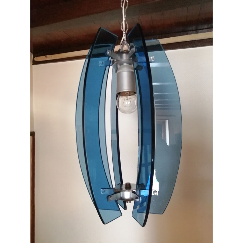 Blauwe glazen en verzilverde metalen hanglamp van Fontana Arte, Italië 1960