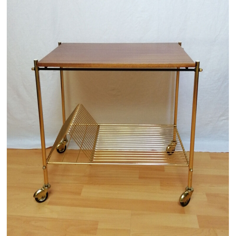 Vintage teak and gold metal serving table, 1960