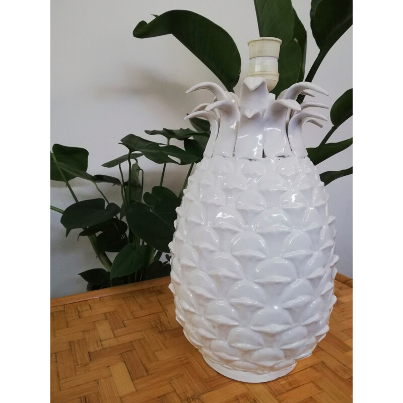 Vintage white pineapple ceramic table lamp, Italy 1970