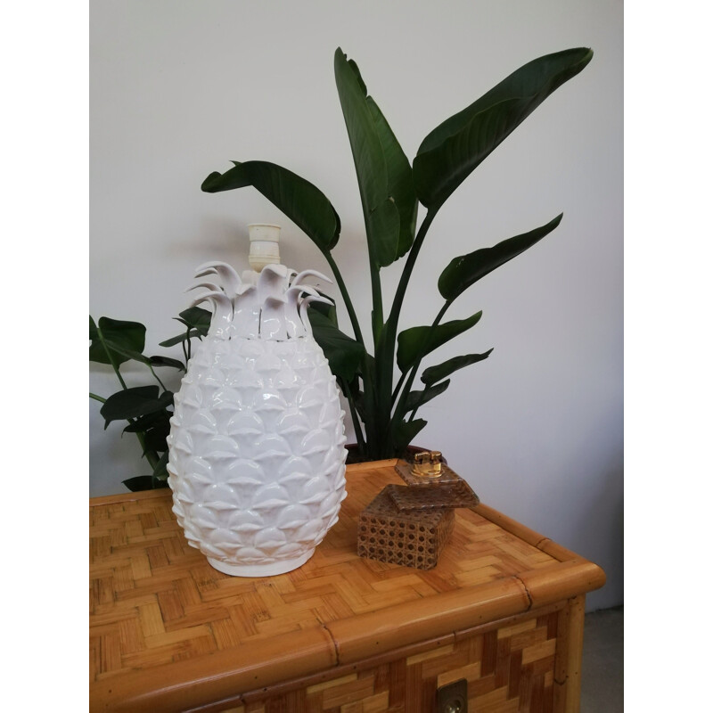 Vintage white pineapple ceramic table lamp, Italy 1970