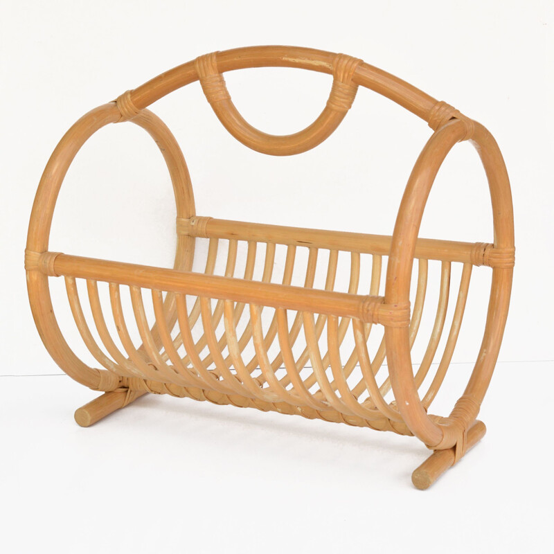 Cestino portagiornali vintage scandinavo in rattan, Danimarca 1970