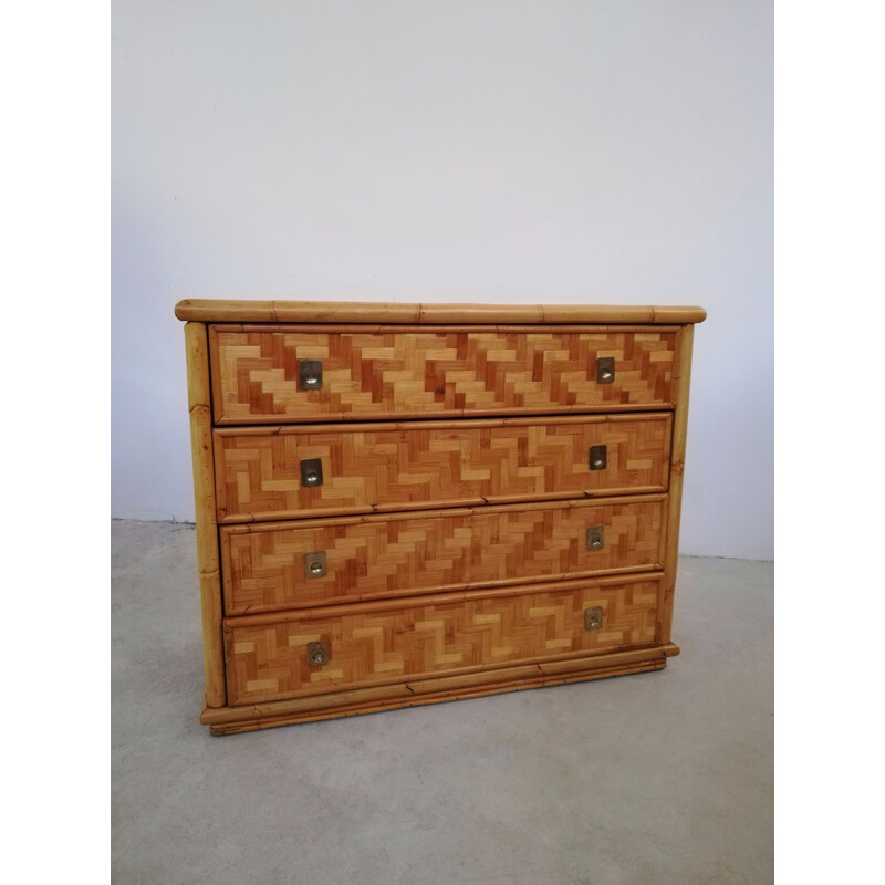 Vintage chest of drawers in solid rush and brass, Italy 1970