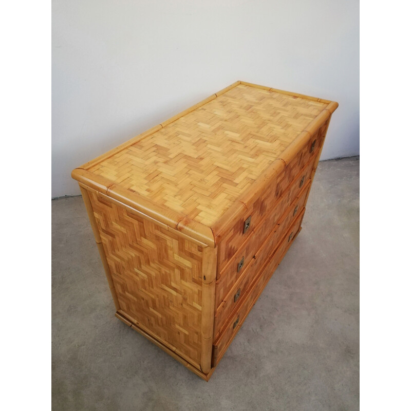 Vintage chest of drawers in solid rush and brass, Italy 1970