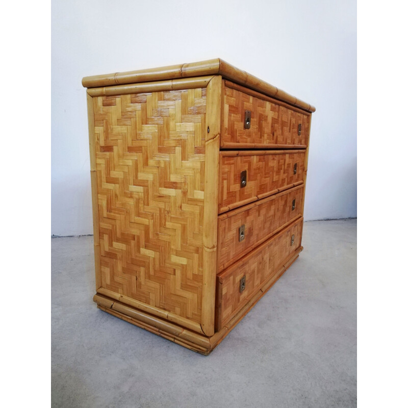 Vintage chest of drawers in solid rush and brass, Italy 1970