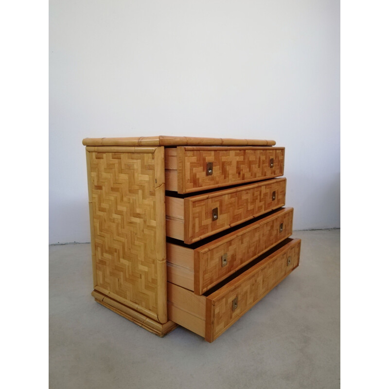 Vintage chest of drawers in solid rush and brass, Italy 1970