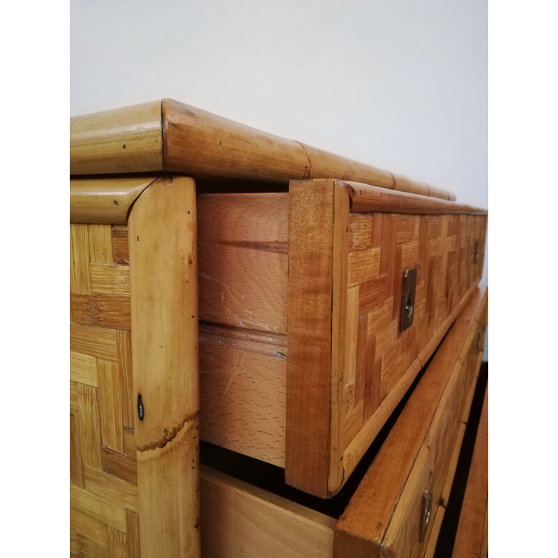 Vintage chest of drawers in solid rush and brass, Italy 1970