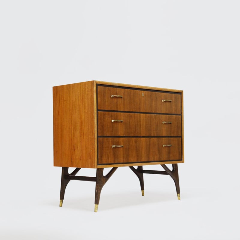 Vintage teak and walnut 3 drawer chest of drawers, Denmark 1960