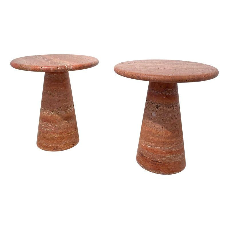 Pair of vintage red travertine side tables, Italy