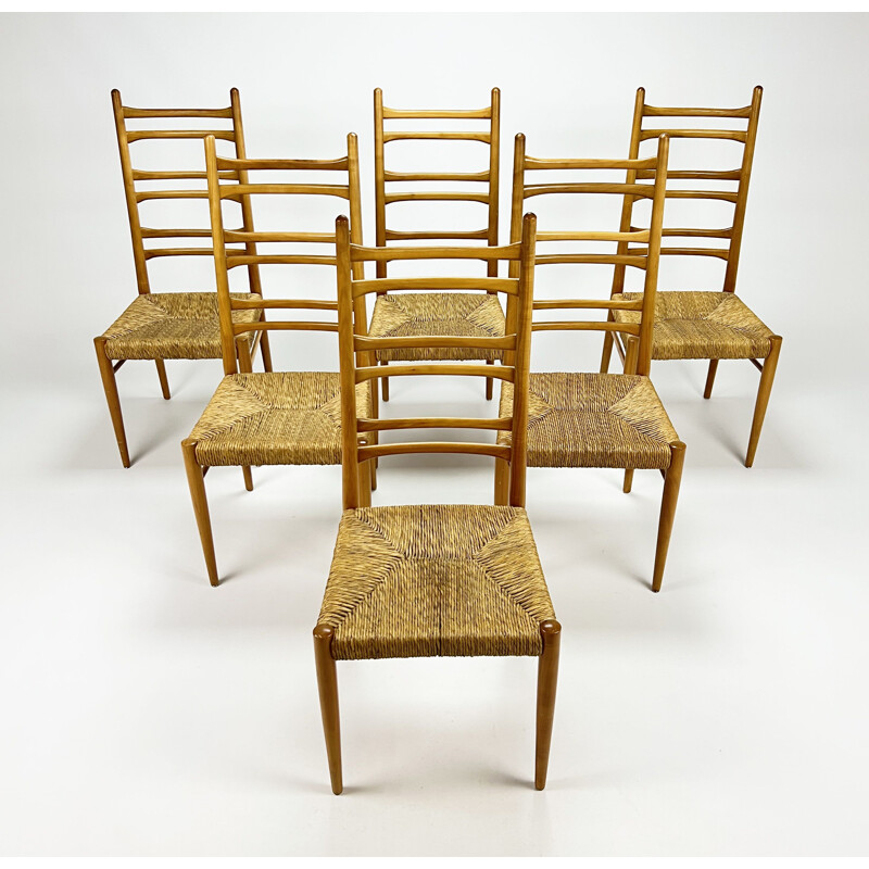 Set of 6 mid century Italian birchwood and rush dining chairs, 1960s