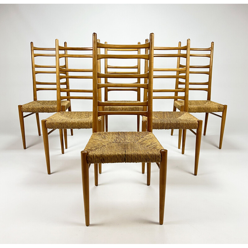 Set di 6 sedie italiane vintage in legno di betulla e giunco, 1960