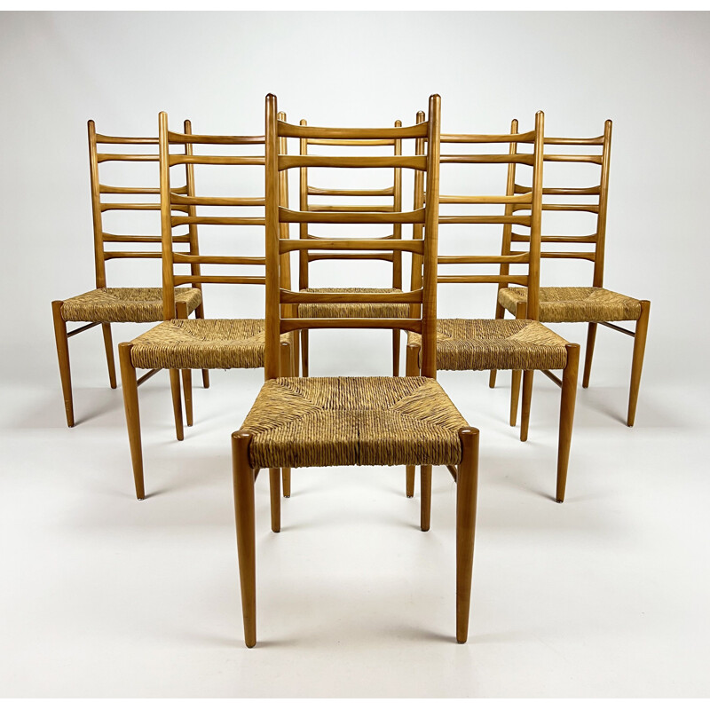 Set of 6 mid century Italian birchwood and rush dining chairs, 1960s