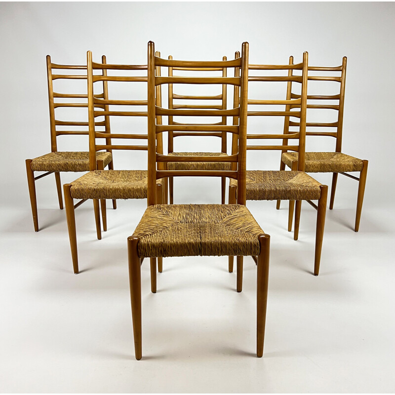 Ensemble de 6 chaises italiennes vintage en bois de bouleau et jonc, 1960