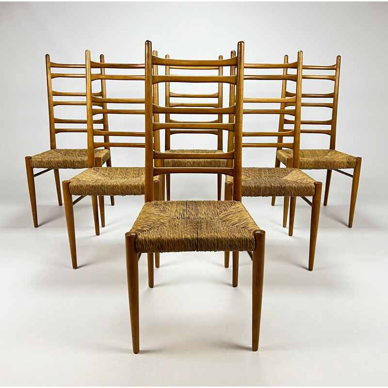 Set aus 6 italienischen Vintage-Stühlen aus Birkenholz und Binsen, 1960