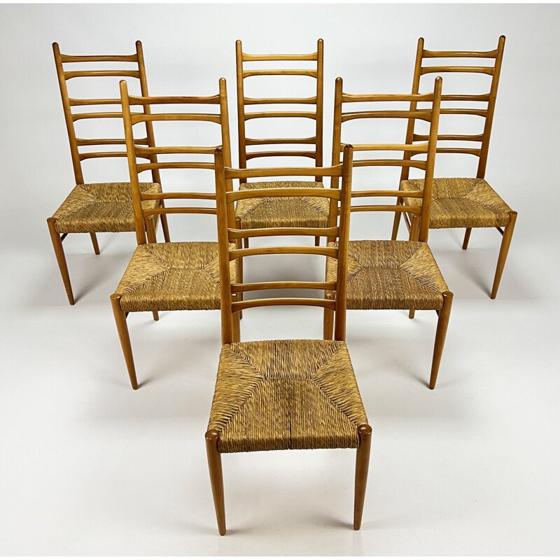 Set of 6 mid century Italian birchwood and rush dining chairs, 1960s