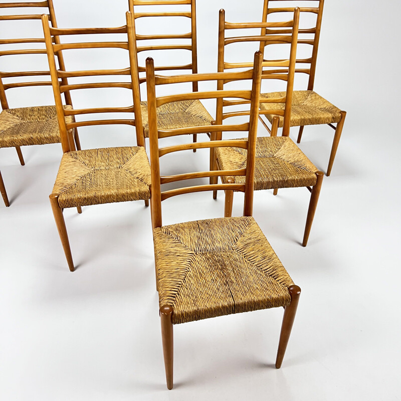 Set of 6 mid century Italian birchwood and rush dining chairs, 1960s