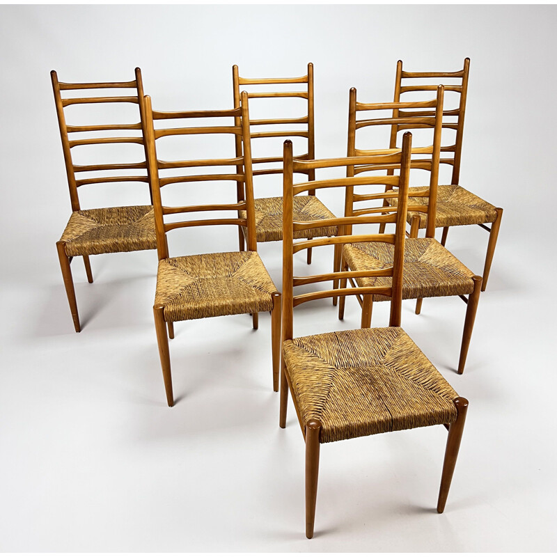 Ensemble de 6 chaises italiennes vintage en bois de bouleau et jonc, 1960