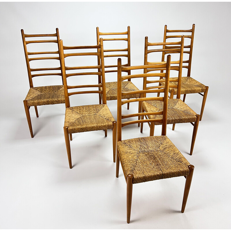 Set of 6 mid century Italian birchwood and rush dining chairs, 1960s