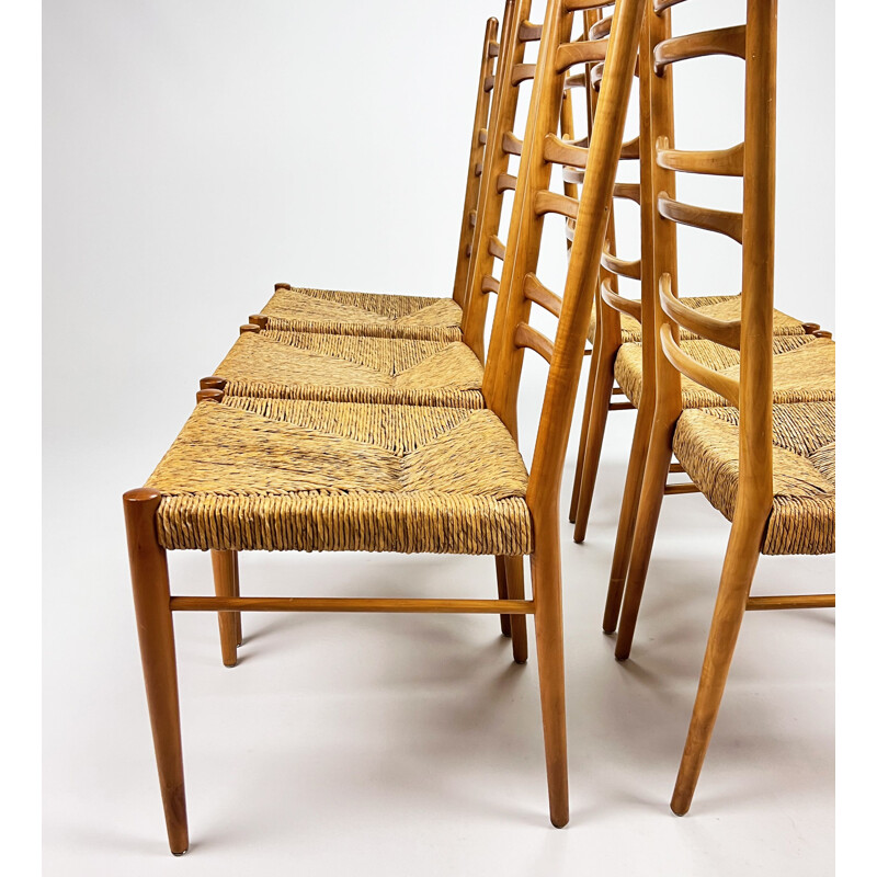 Set of 6 mid century Italian birchwood and rush dining chairs, 1960s