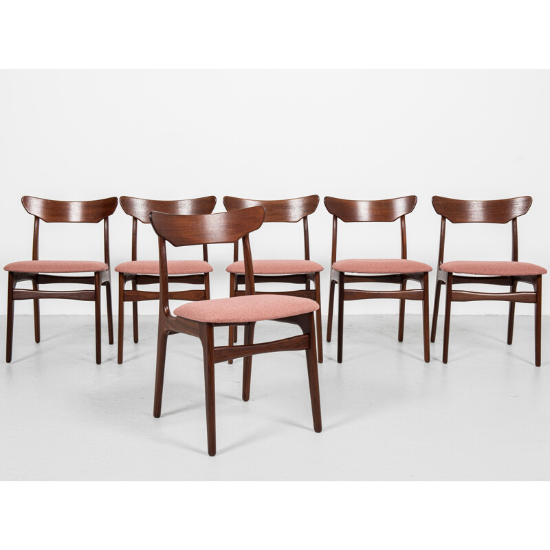 Set van 6 vintage teakhouten en stoffen Deense stoelen van Schiønning