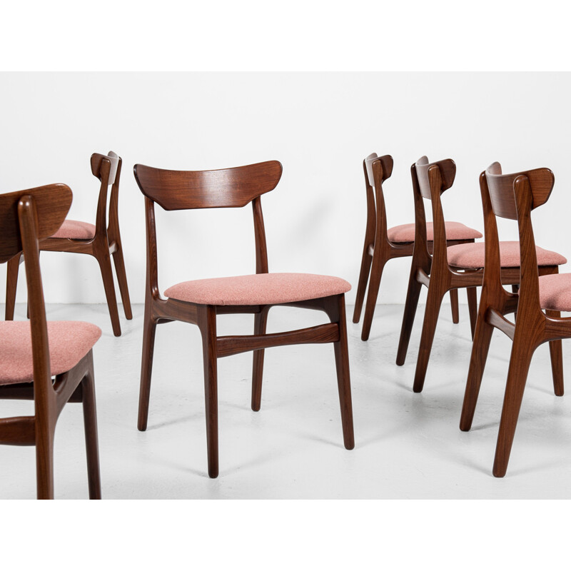 Set van 6 vintage teakhouten en stoffen Deense stoelen van Schiønning