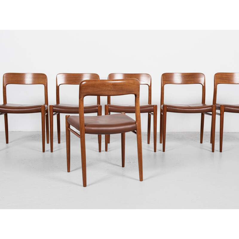 Ensemble de 6 chaises danoises vintage modèle 75 en teck et cuir aniline par Niels Otto Møller, 1960