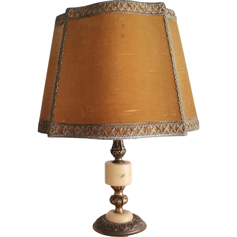 Vintage French country brown bronze and marble table lamp, 1940s