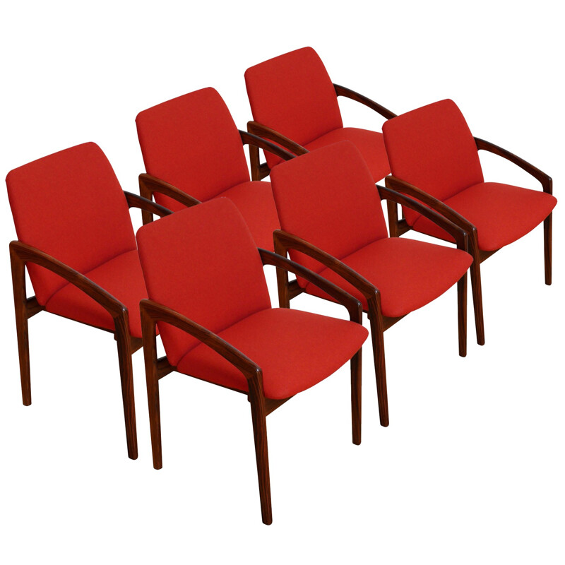 Set of 6 red Korup Stolefabrik armchairs in rosewood, Kai KRISTIANSEN - 1960s