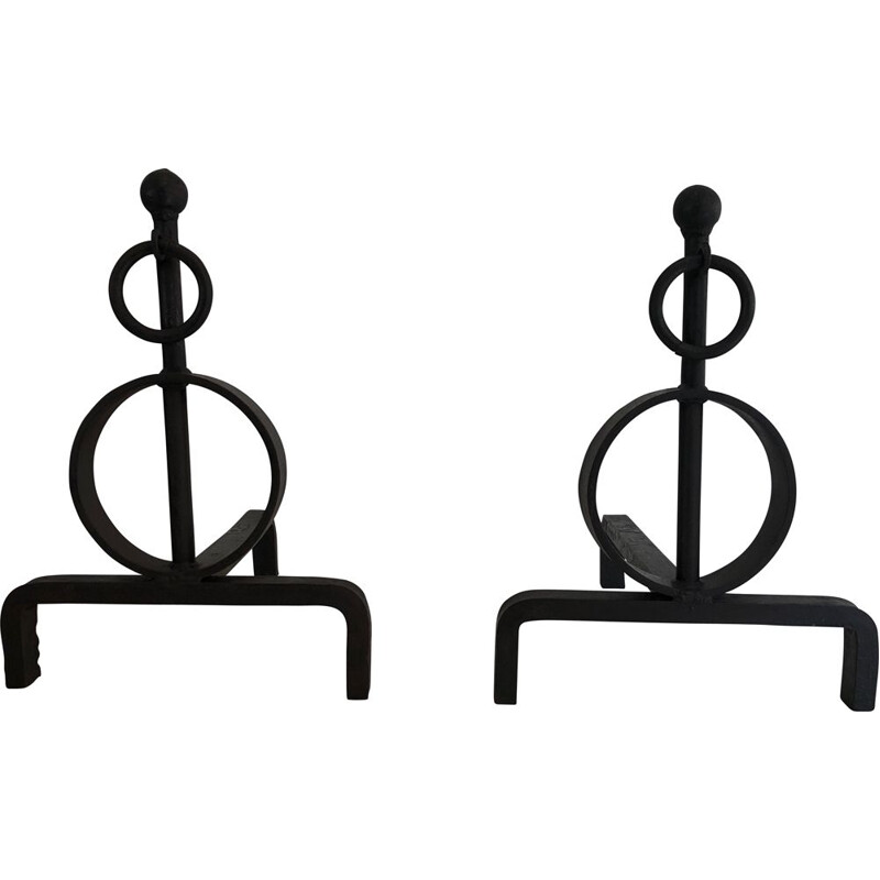 Pair of vintage modernist wrought iron andirons, France 1970