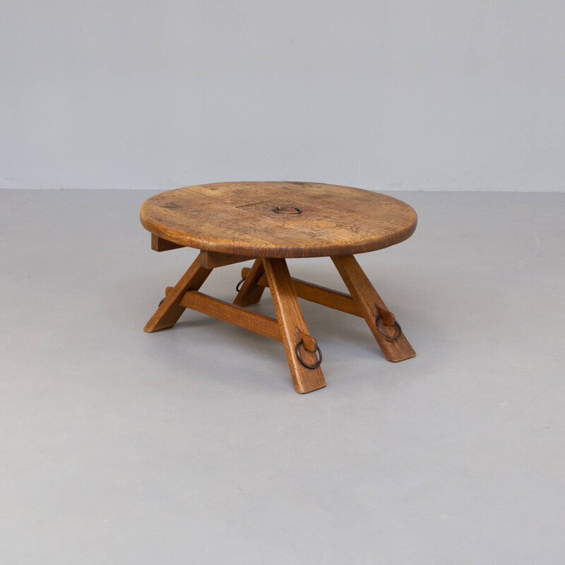 Vintage brutalist oakwood round coffee table