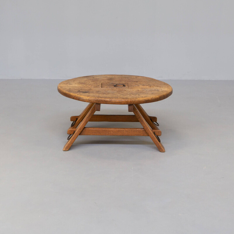Vintage brutalist oakwood round coffee table