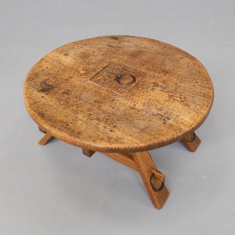 Vintage brutalist oakwood round coffee table