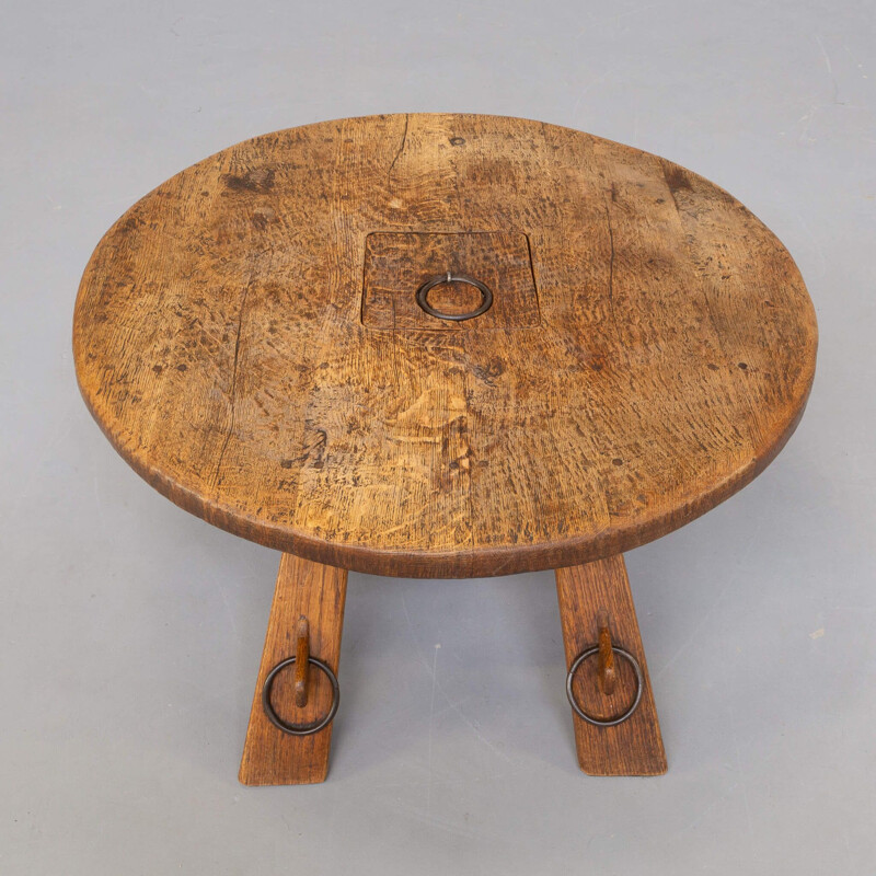 Vintage brutalist oakwood round coffee table